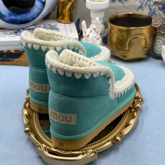🆕 MOU 🧿 NWT WOB Teal Eskimo Ankle Boot, Cream Crochet Overstitch, Sz EU 35 - Picture 3 of 13